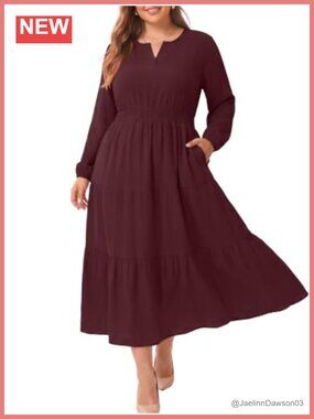 Plus Size Fall Maxi Dress Long Sleeve Smocked Waist Pockets